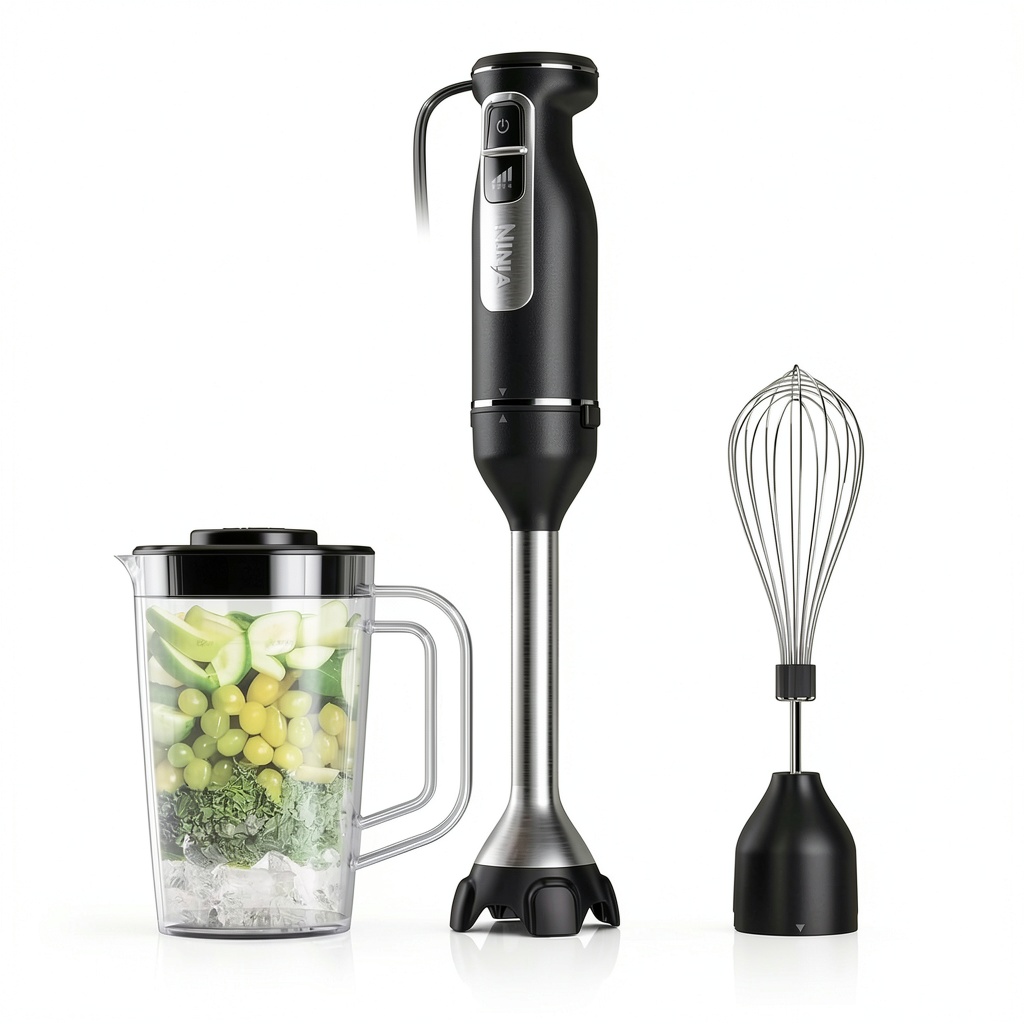 SharkNinja immersion blender in use with splatter shield