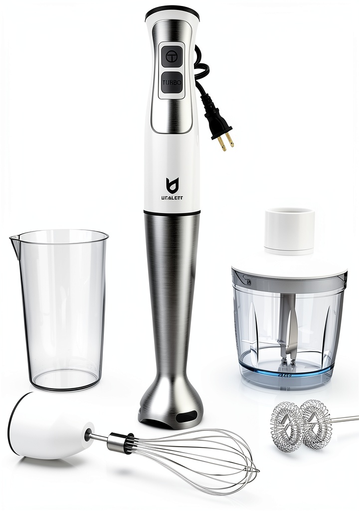 UTALENT hand blender in use with white attachments on a countertop
